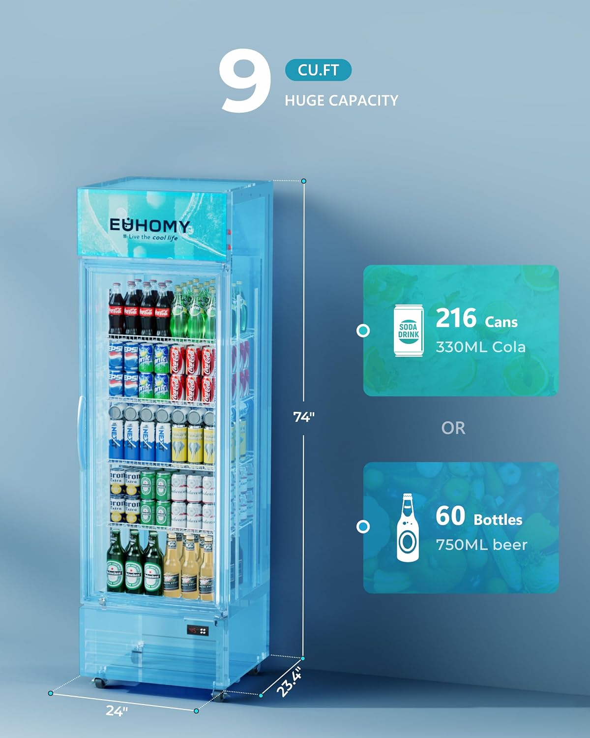 EUHOMY Commercial Display Refrigerator, 9 Cu.Ft Glass Door Merchandiser Drink Fridge with Soft LED Light Adjustable Shelves, Commercial Beverage Refrigerator for Bar, Restaurant, Cafe(Black)