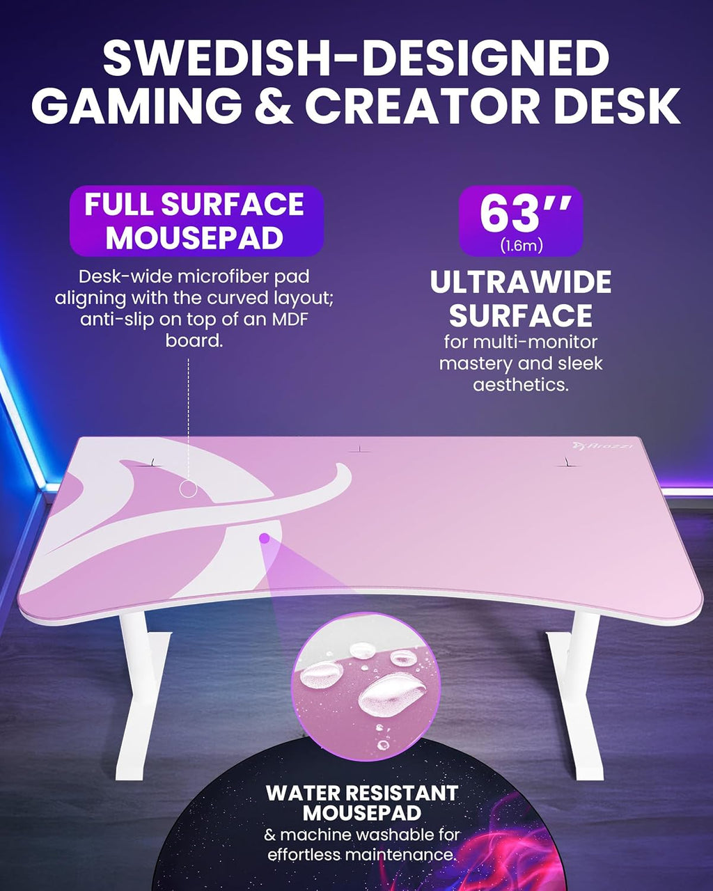 Arozzi Arena Ultrawide Curved Gaming and Office Desk with Full Surface Water Resistant Desk Mat Custom Monitor Mount Cable Management Cut Outs Under The Desk Cable Management Netting - Pink