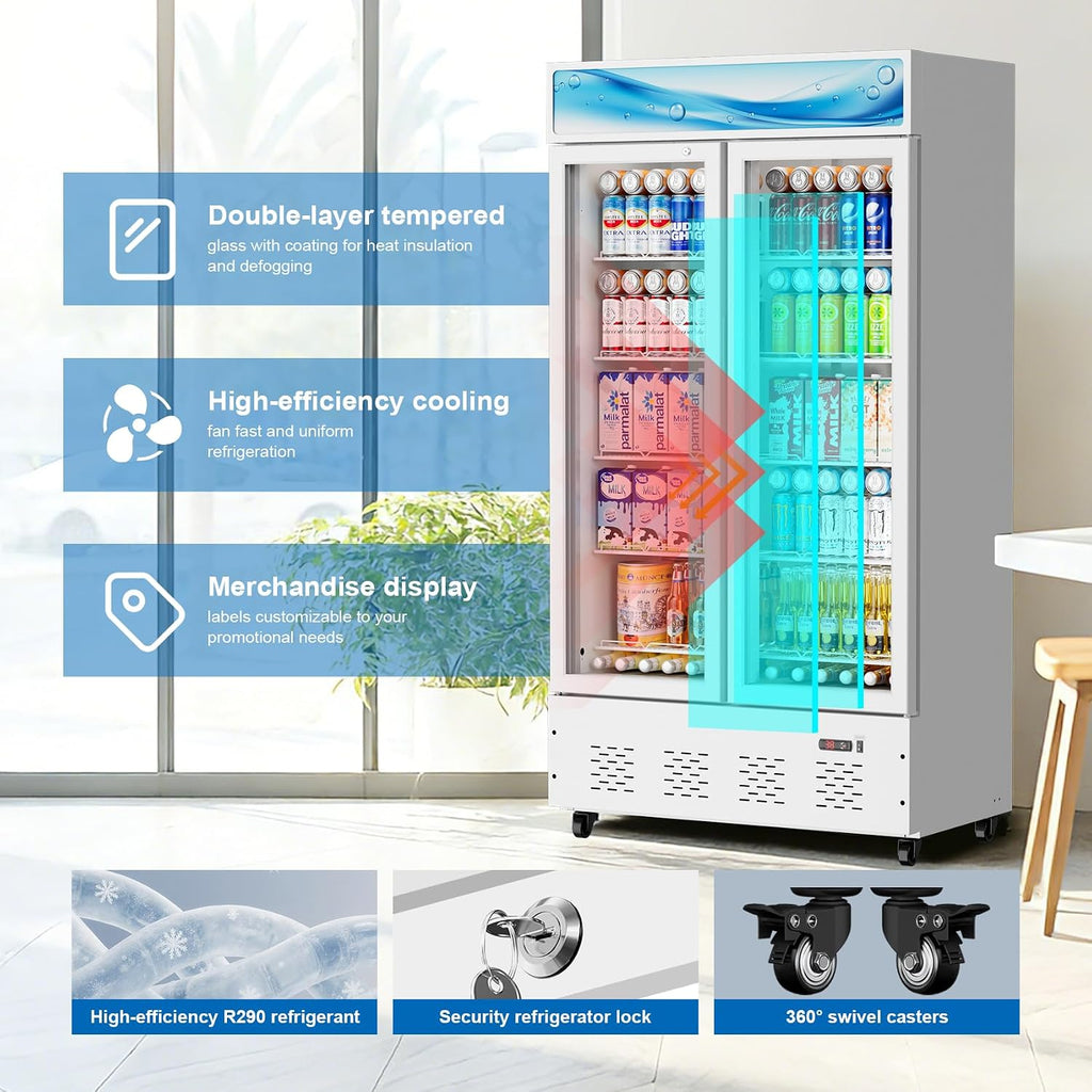 42'W Commercial Glass Door Display Refrigerator 30 Cu.ft White Cooler Beverage Fridge with LED Light and 10 Shelves for Cafe Restaurant Store Bar