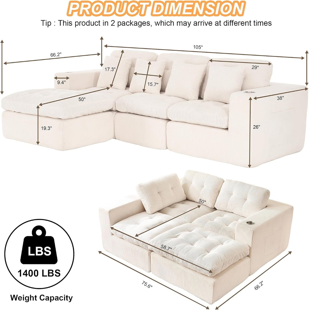 108 inch L Shaped Modular Sofa Bed, 50' Deep Seat Corduroy Boneless Sectional Couch with Ottoman No Assembly, 1400lbs Capacity Cloud Sleeper for Living Room Apartment (Light Beige)