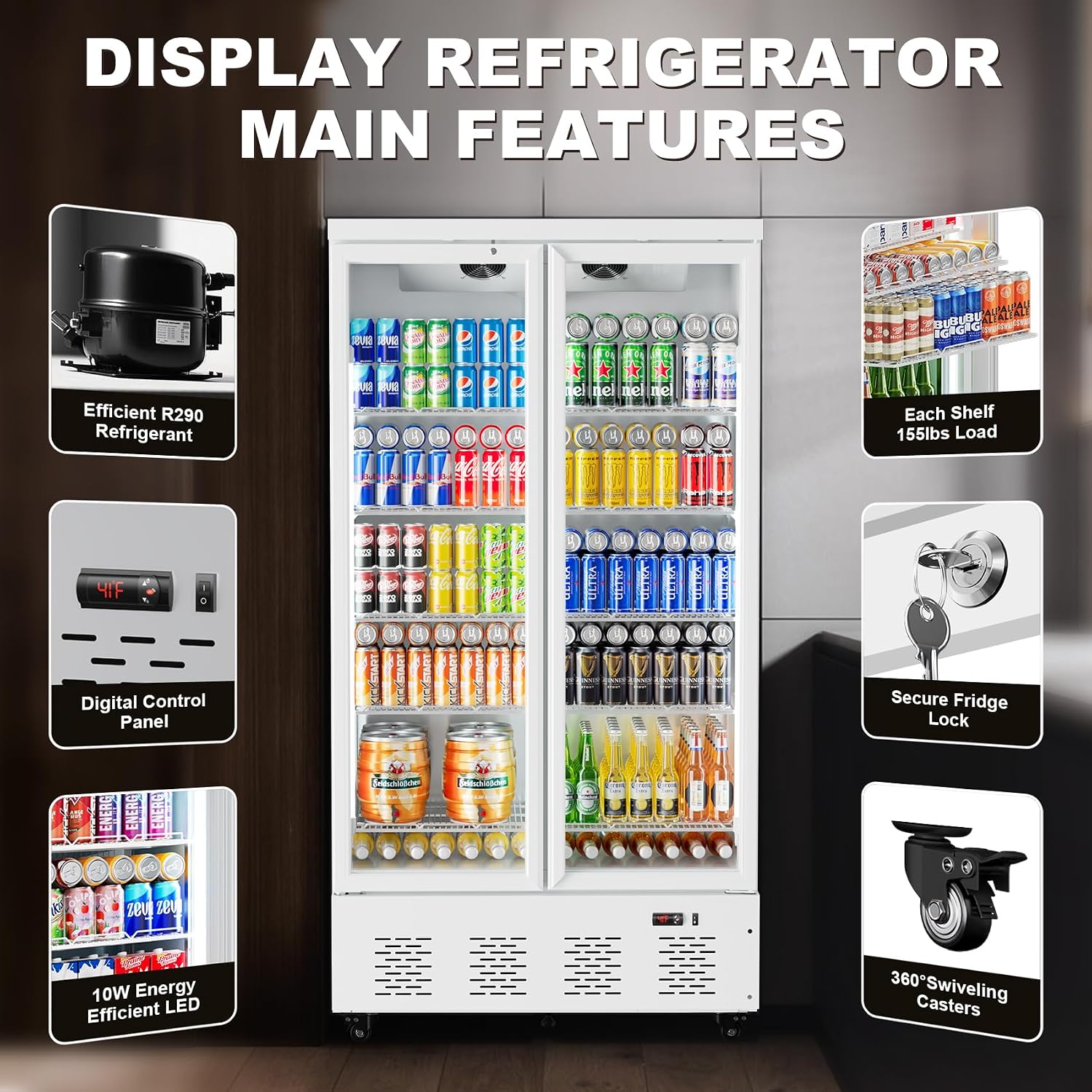 41.4''W White Commercial Refrigerators, 30.5 Cu.Ft 2 Glass Door Commercial Beverage Refrigerators Upright Display Cooler with LED Light and 10 Adjustable Shelves for Restaurant Stores