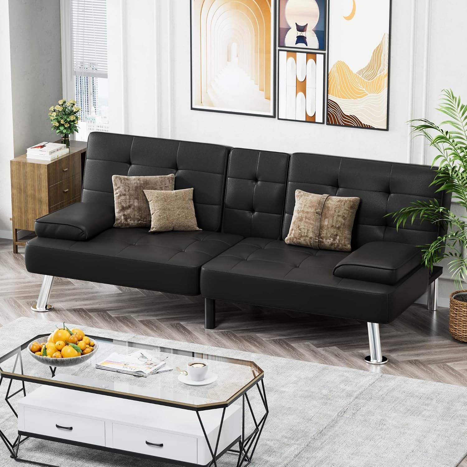 Homall Futon Sofa Bed, Leather Futon Couch with Removable Armrests, Adjustable Recliner Sleeper Sofa Bed with Dual Cup Holders for Living Room, Apartment, Office (Black), 30.7 x 65 x 28