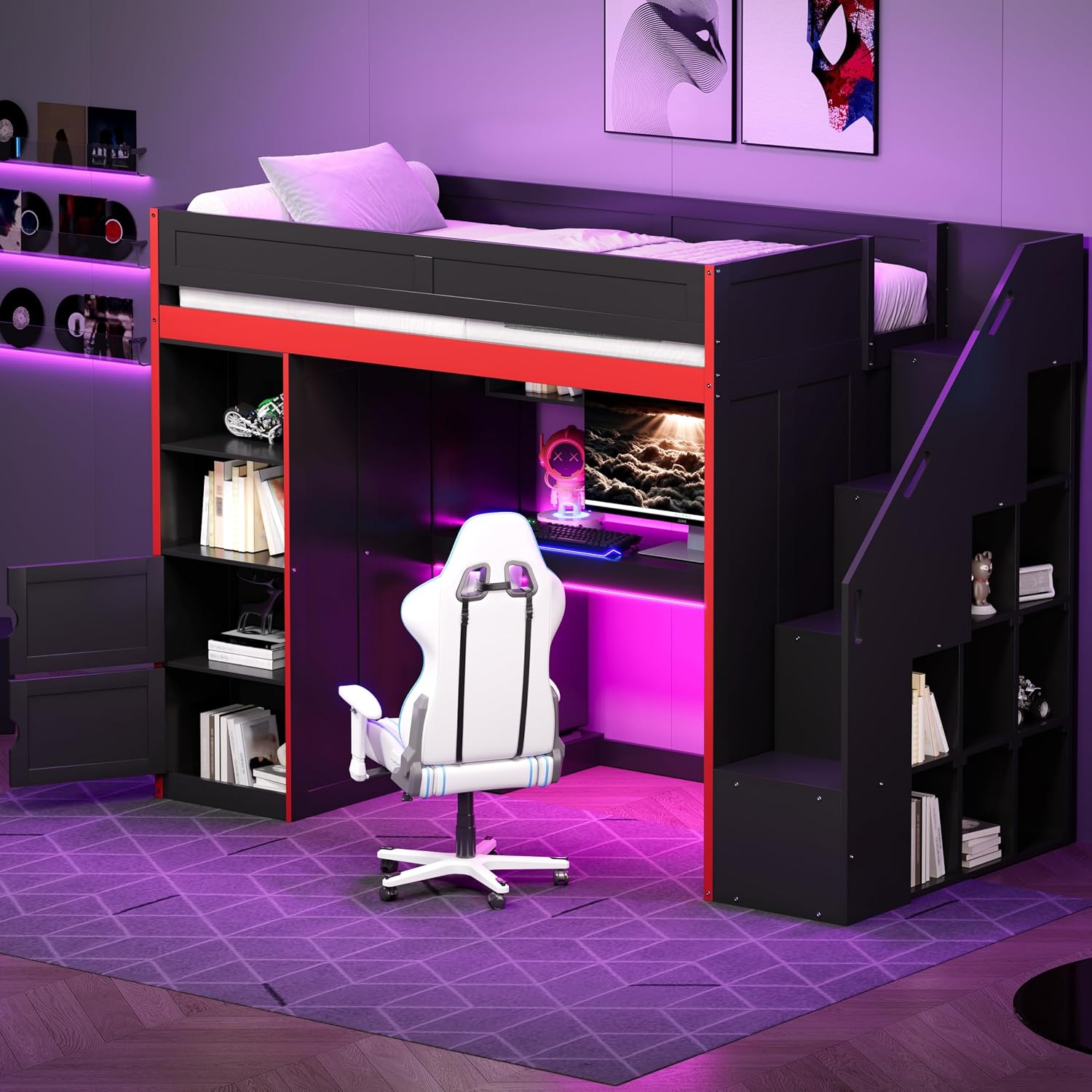 SOFTSEA Twin Size Gaming Loft Bed with Desk & Storage Stairs, Solid Wood Loft Bed with LED Lights, Wardrobe and Shelves, Space-Saving Gaming Bed for Kids Teens Adults, Black + Red