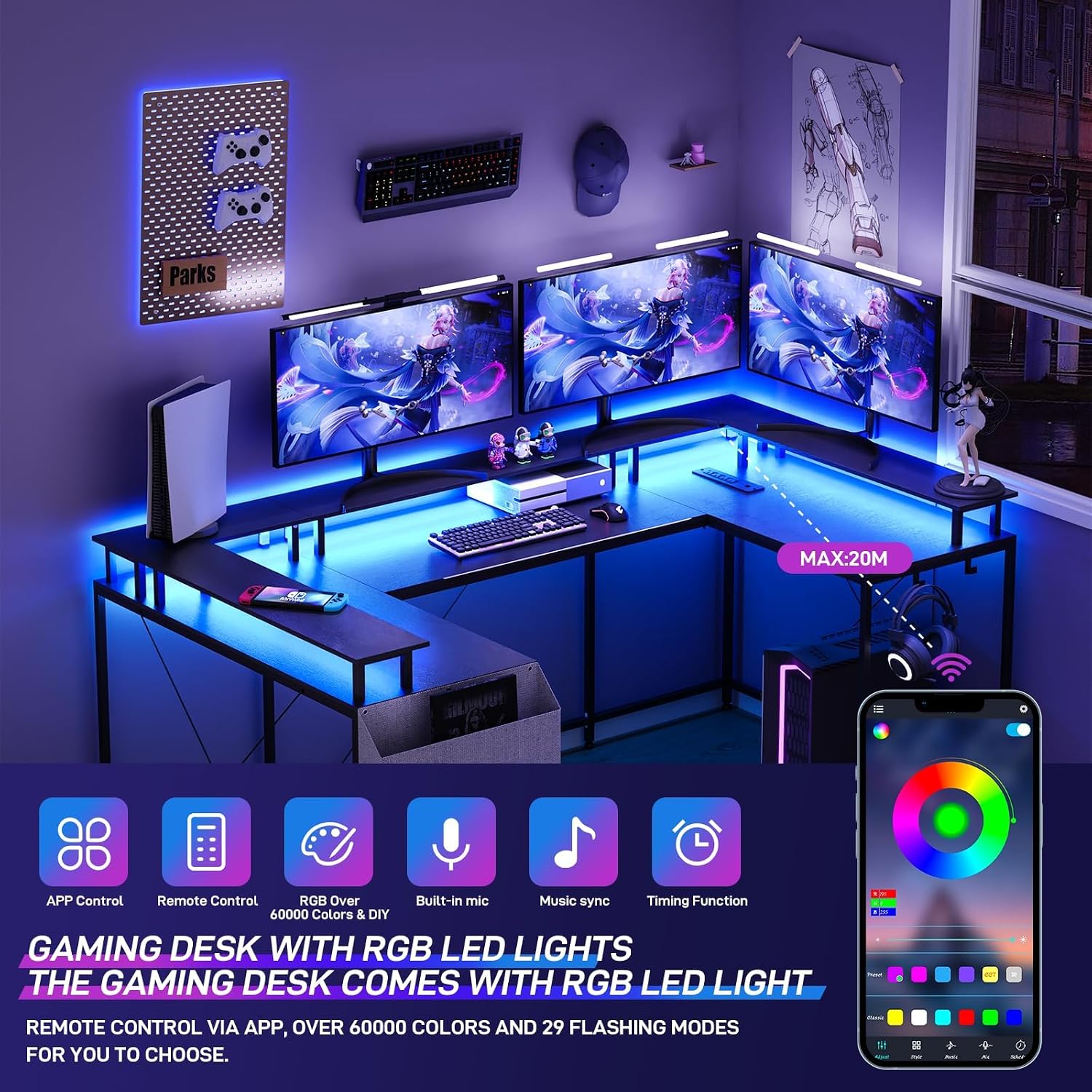 78' U-Shaped Gaming Desk - Reversible L-Shaped Computer Desk with Power Outlets, USB Ports & LED Strip, Corner Office Desk with Storage Shelves & Monitor Stand - Black.