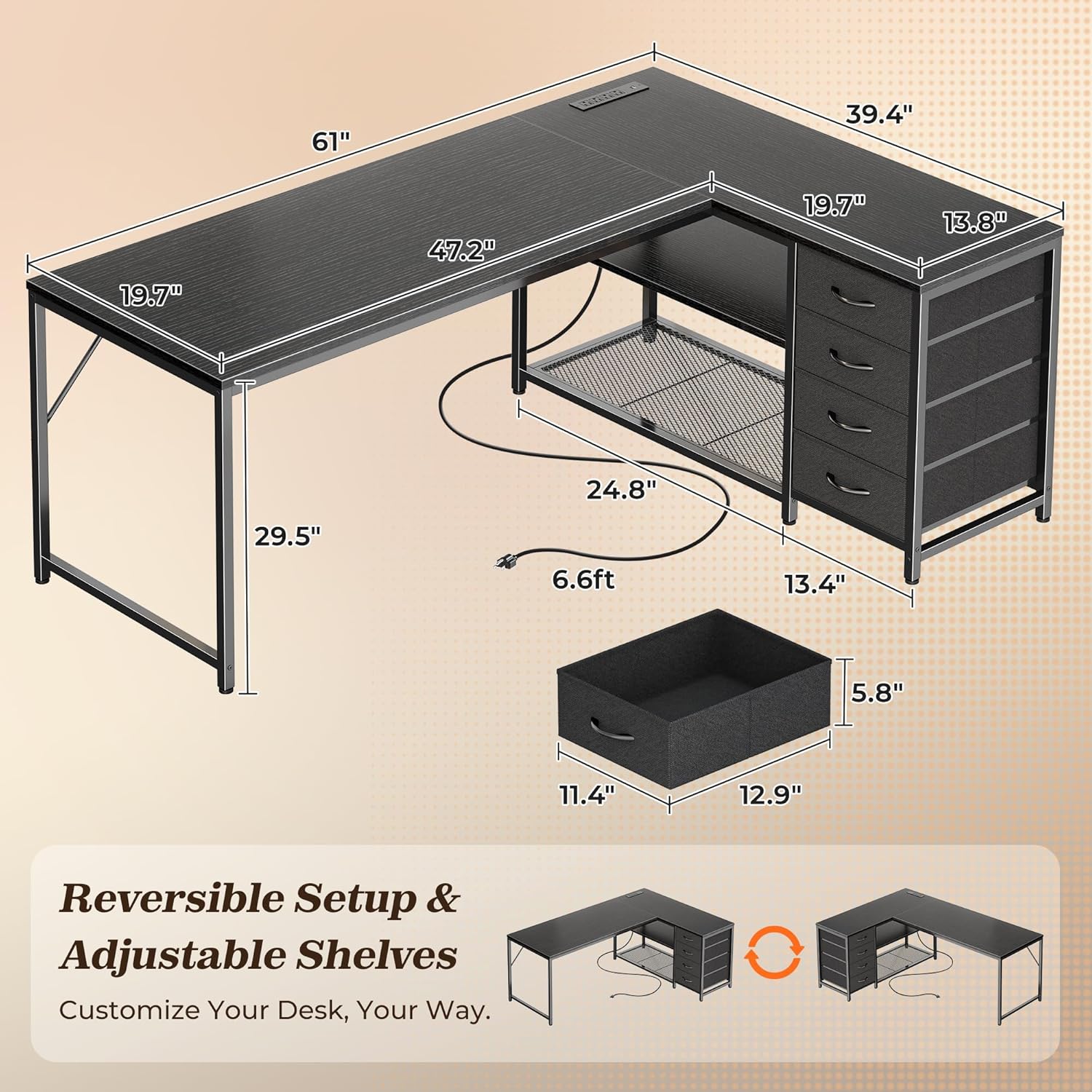 PRAISUN 61' L Shaped Desk with Power Outlets and USB-C Port, Reversible Computer Corner Office Desk with 4 Fabric Drawers and 2 Height-Adjustable Shelves, Large for Gaming Writing Work Study, Black