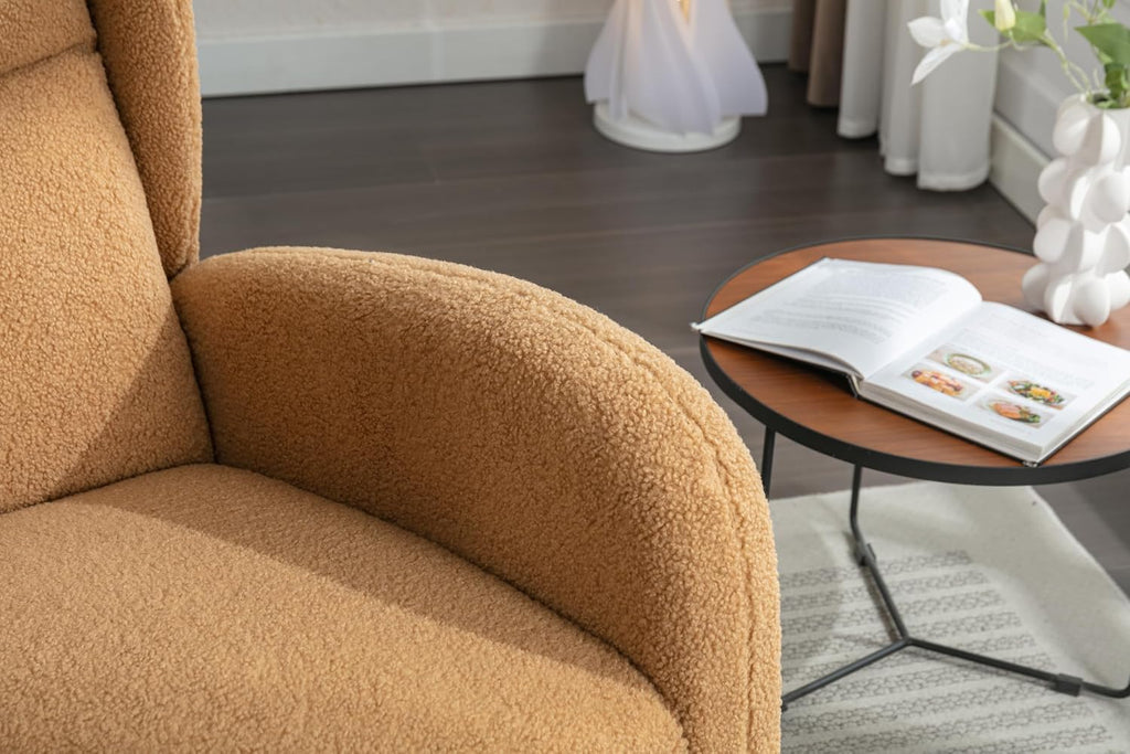 Nursery Glider Chair - Wingback Teddy Upholstered Rocking Chair with High Backrest, Ergonomic Rocker Chair for Breastfeeding & Baby Room, Modern Accent Armchair for Living Room & Bedroom, Khaki
