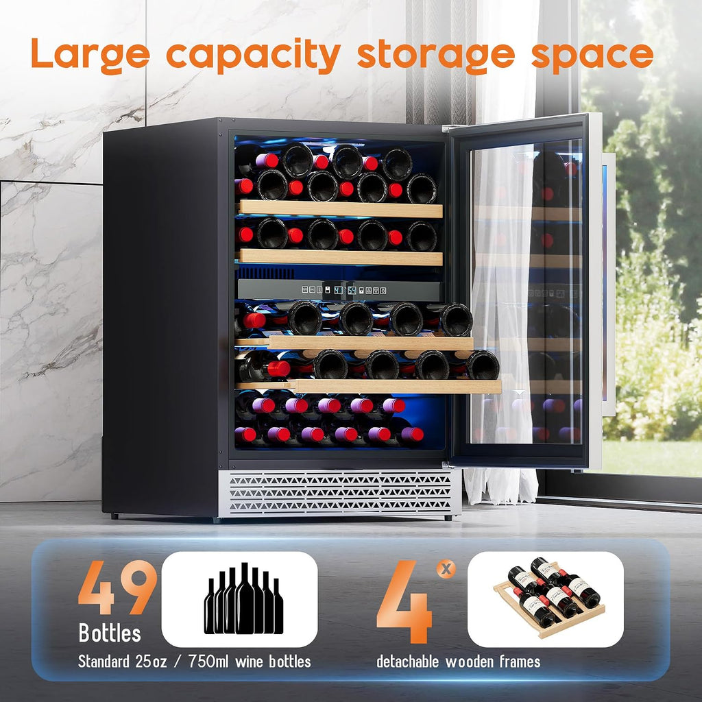 Albott 24 Inch Wine Fridge, Dual Zone 49 Bottle Wine Cooler 41–68℉ with Digital Temperature Control, Reversible Double-Layer Glass Door, Built-in or Freestanding Design for Home and Bar