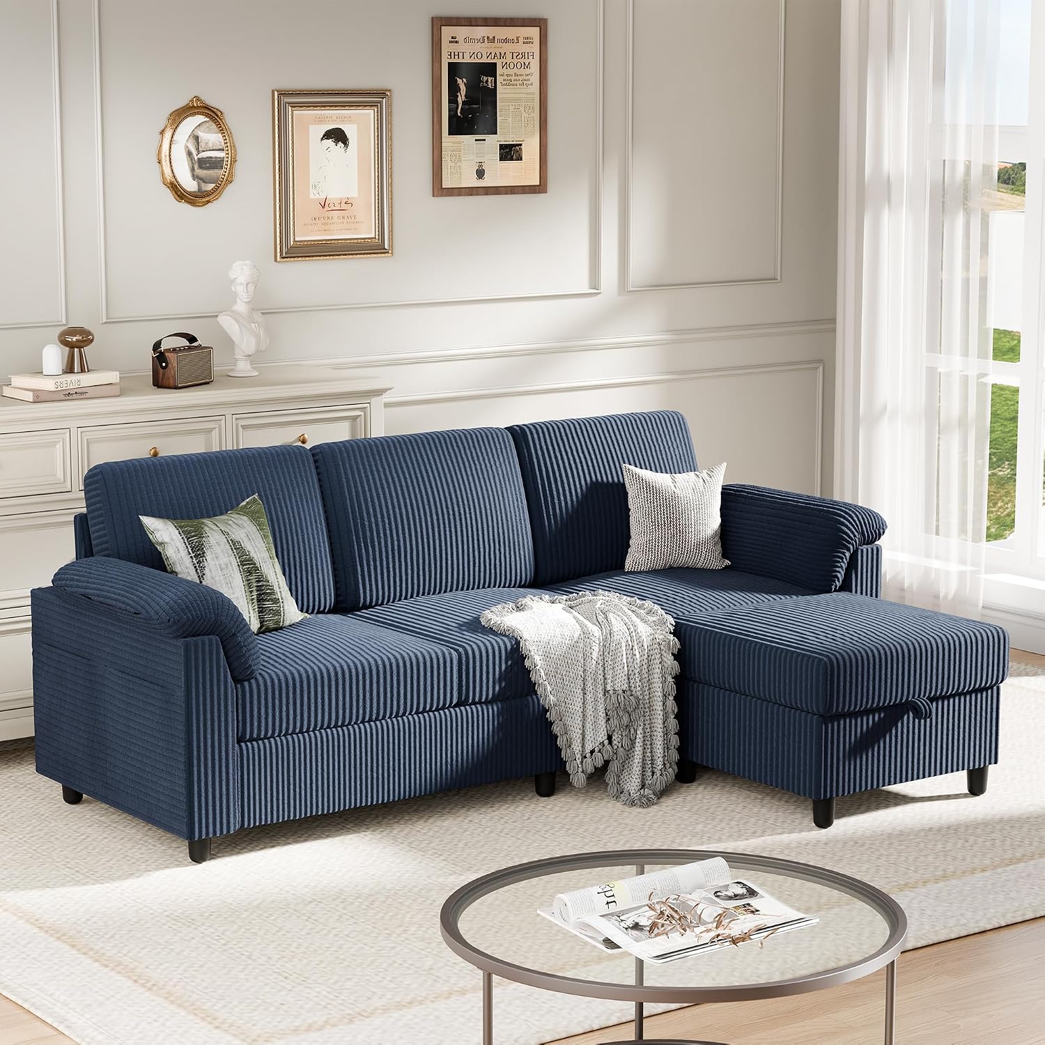 Sectional Sofa Couch for Living Room, 79' Sectional Couches with Ottoman, L Shaped Couch with Armrests Side Storage Pockage, Small Sofa Couches for Apartment, Blue