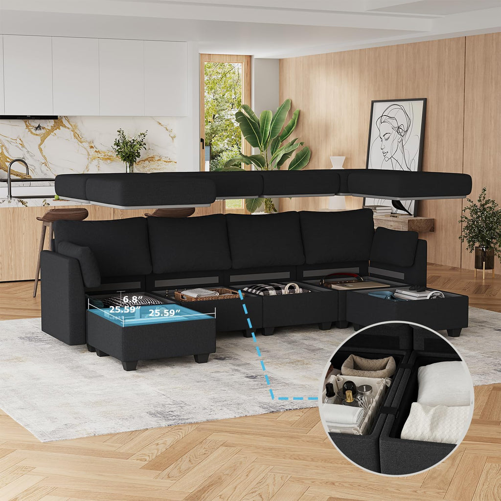 Huatean Home 114.17' Modular Sectional Sofa, 6 Seat Sectional Couches with Storage, Memory Foam, Convertible Modular Couch for Living Room, U Shaped Comfy Modular Sofa with Chaise, Black