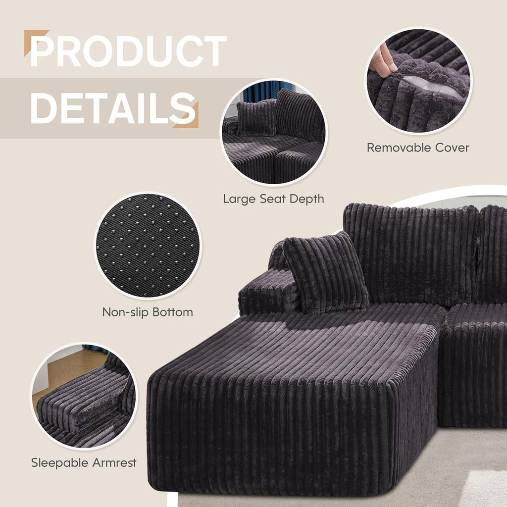 Hobestluk Modular Sectional Sofa Couches L-Shape Couch 3 Seat Modular Sofa Memory Foam Sectional Couches for Living Room, Cloud Couch with Oversized Chaise (108' Left Facing Chaise)