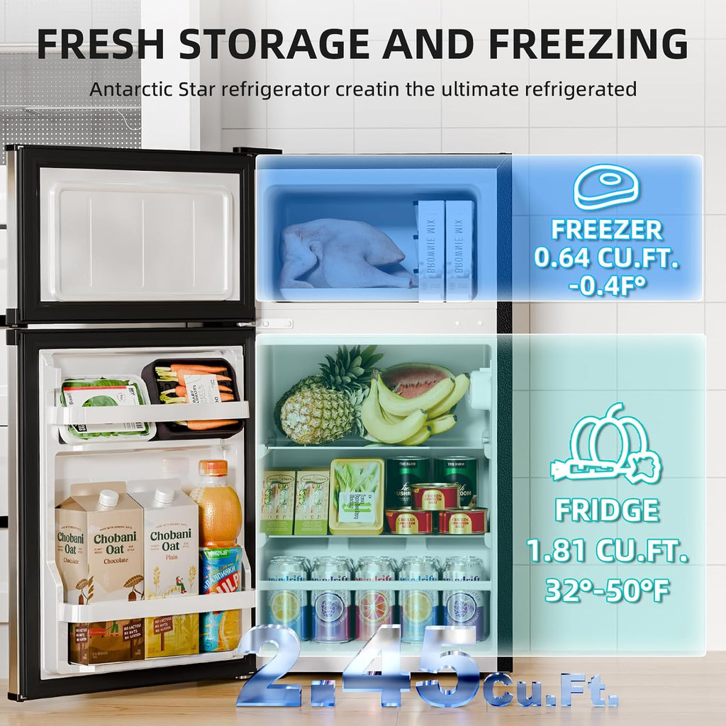 Antarctic Star Mini Fridge with Freezer, Double Door Compact Refrigerator, Adjustable Thermostat, Small Fridge for Bedroom Office Dorm Apartment, 2.45 Cu.Ft Silver