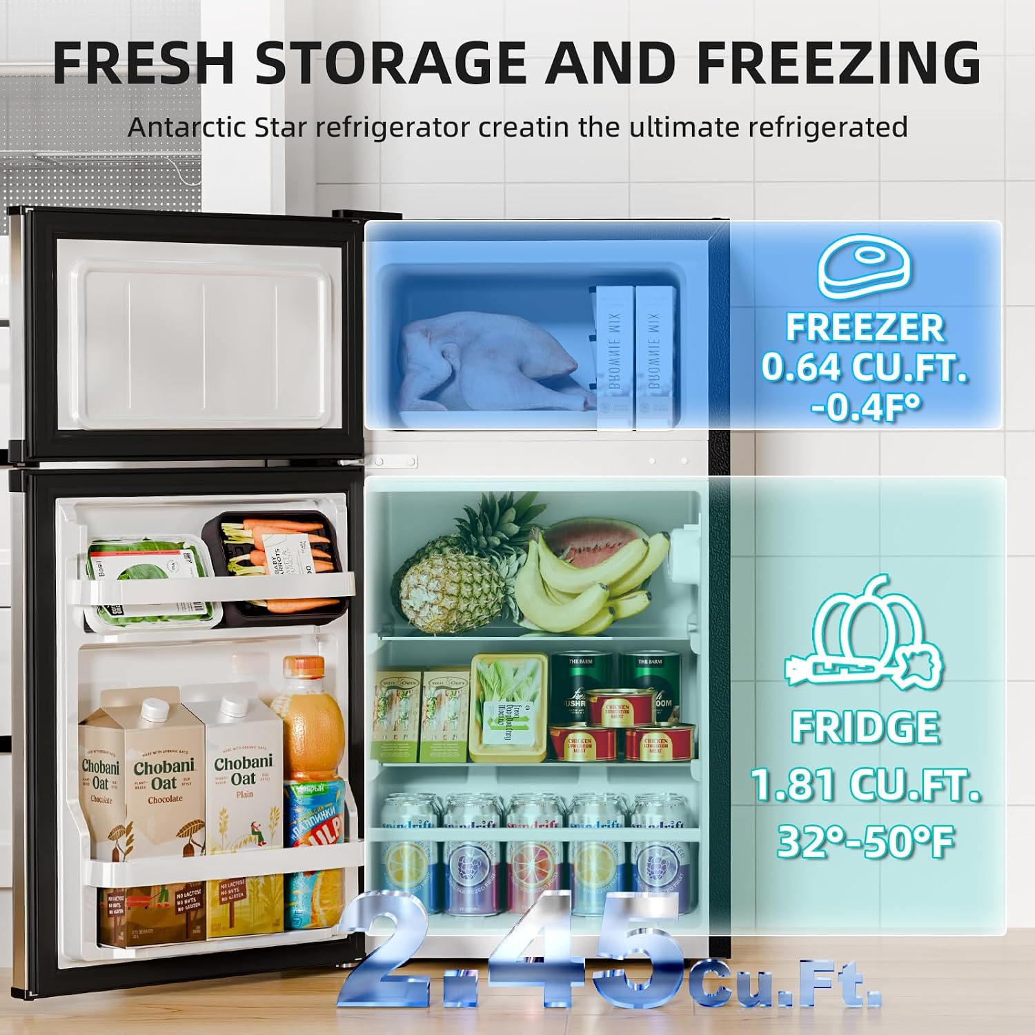 Antarctic Star Mini Fridge with Freezer, Double Door Compact Refrigerator, Adjustable Thermostat, Small Fridge for Bedroom Office Dorm Apartment, 2.45 Cu.Ft Silver