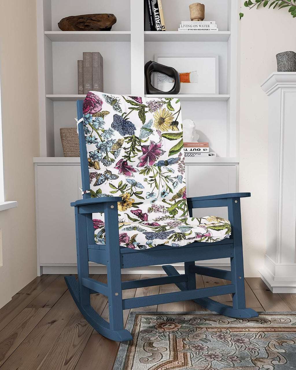 SERWALL SEWALL Oversized Outdoor Rocking Chair with Cushion, Patio Rocking Chairs for Porch, Blue HDPR Rocker+Flower Cushion