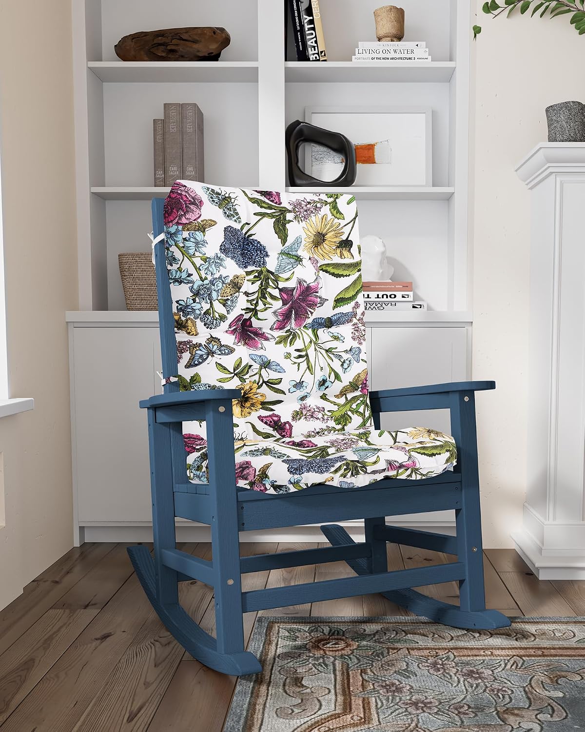 SERWALL SEWALL Oversized Outdoor Rocking Chair with Cushion, Patio Rocking Chairs for Porch, Blue HDPR Rocker+Flower Cushion