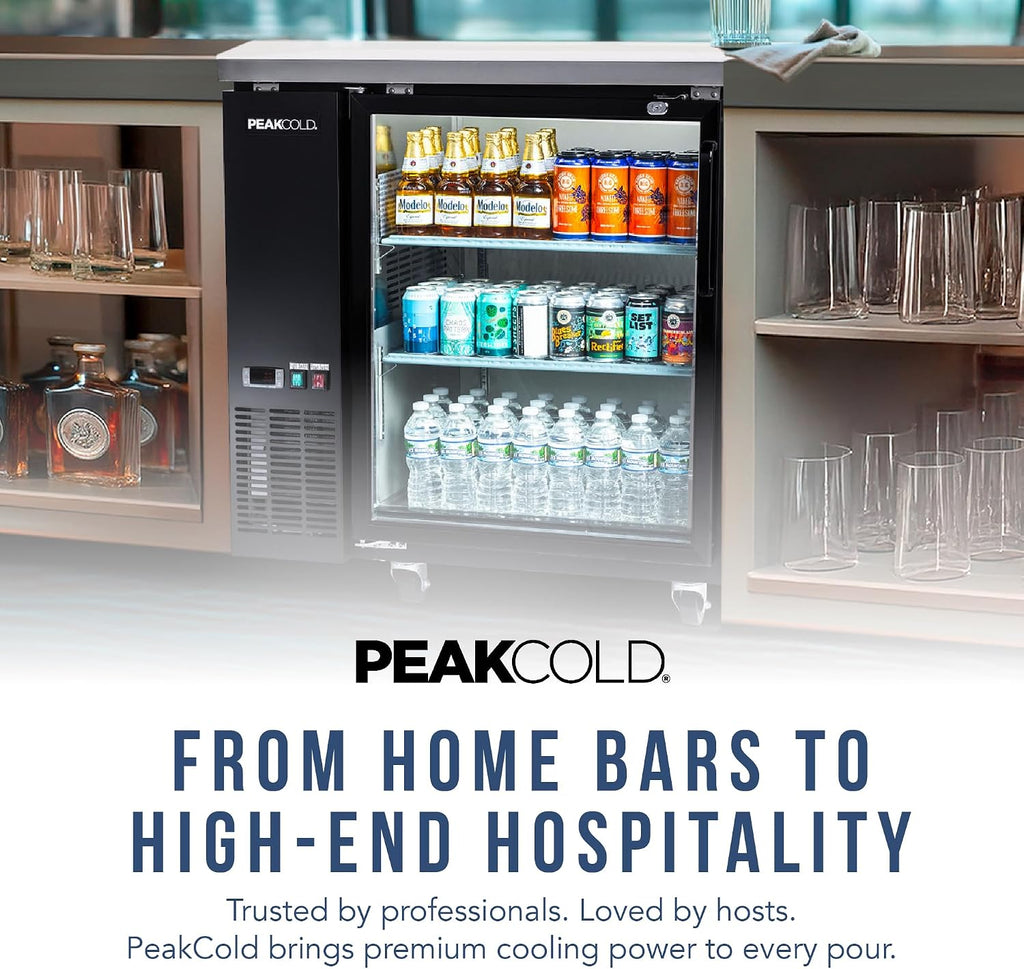 PEAKCOLD 1-Door Counter Height Beverage Refrigerator - 36' Wide Energy Efficient Black Beer Fridge With Glass Door & White LED Lighting - Commercial Back Bar Cooler
