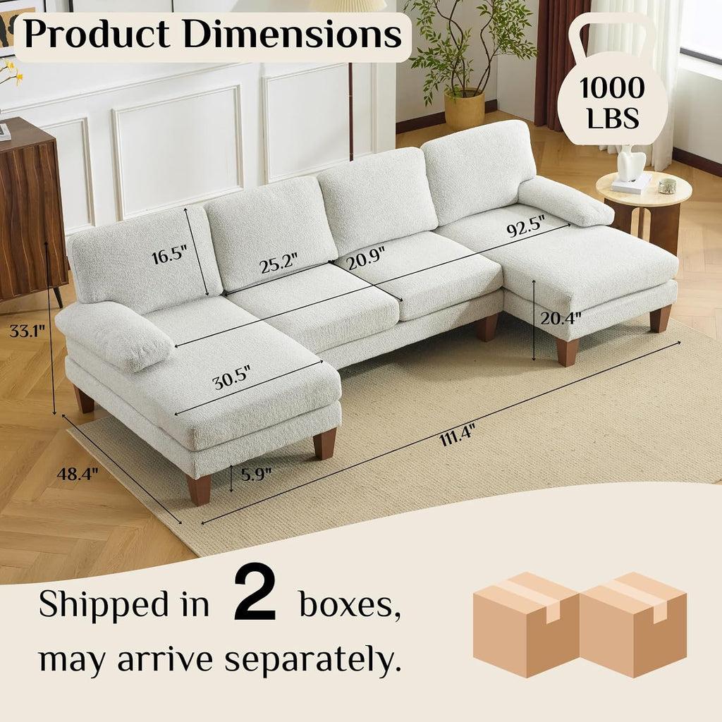Karl home 110' U-Shape Sectional Couches for Living Room Chenille Upholstery 4 Seat Sofa Set with Double Chaises & Wood Grain Legs for Apartment, White