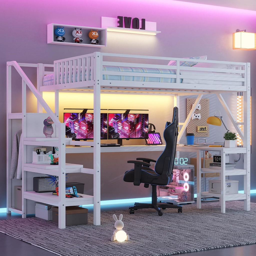 Full Size Loft Bed with Stairs and Desk, Gaming Loft Beds with RGB LED Light and Storage Shelf, Heavy-Duty Metal Loft Bed Frame with Wardrobe, Charging Port for Kids Teens, White
