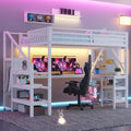 Full Size Loft Bed with Stairs and Desk, Gaming Loft Beds with RGB LED Light and Storage Shelf, Heavy-Duty Metal Loft Bed Frame with Wardrobe, Charging Port for Kids Teens, White