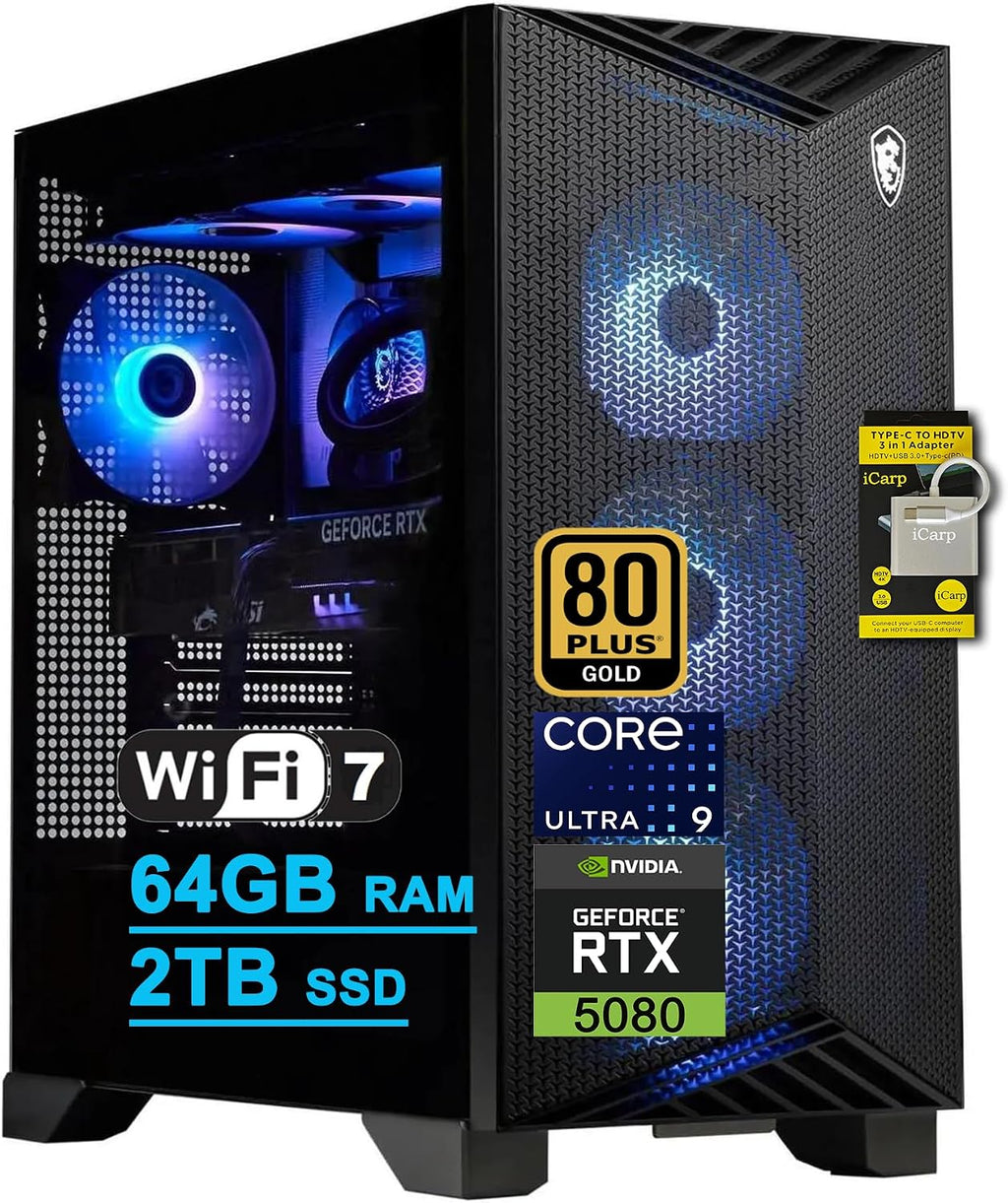 msi Aegis R2 AI 2nd Gaming Desktop Intel 24-core Ultra 9 285 64GB RAM 2TB SSD GeForce RTX 5080 (Up to 1801 Tops) 360mm Liquid Cooler 5Gb LAN Wi-Fi7 850W 80+ Gold PSU Win11 ICP Hub