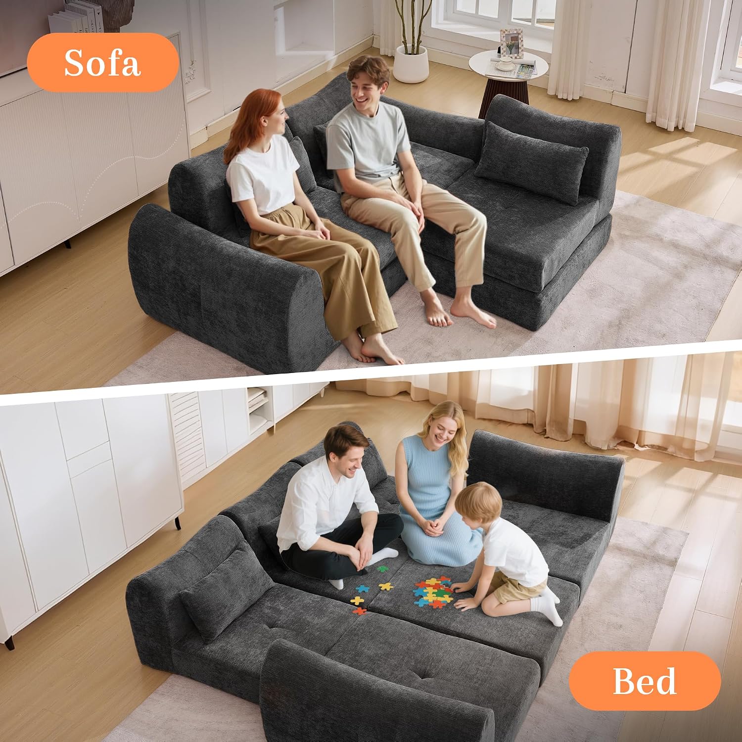MAXMAXX 102' Cloud Sofa, 4-in-1 Folding Sofa Bed, Floor-Standing Boneless Couch, Futon Sofa Bed for Living Room, Bedroom and Entertainment Room (Black)