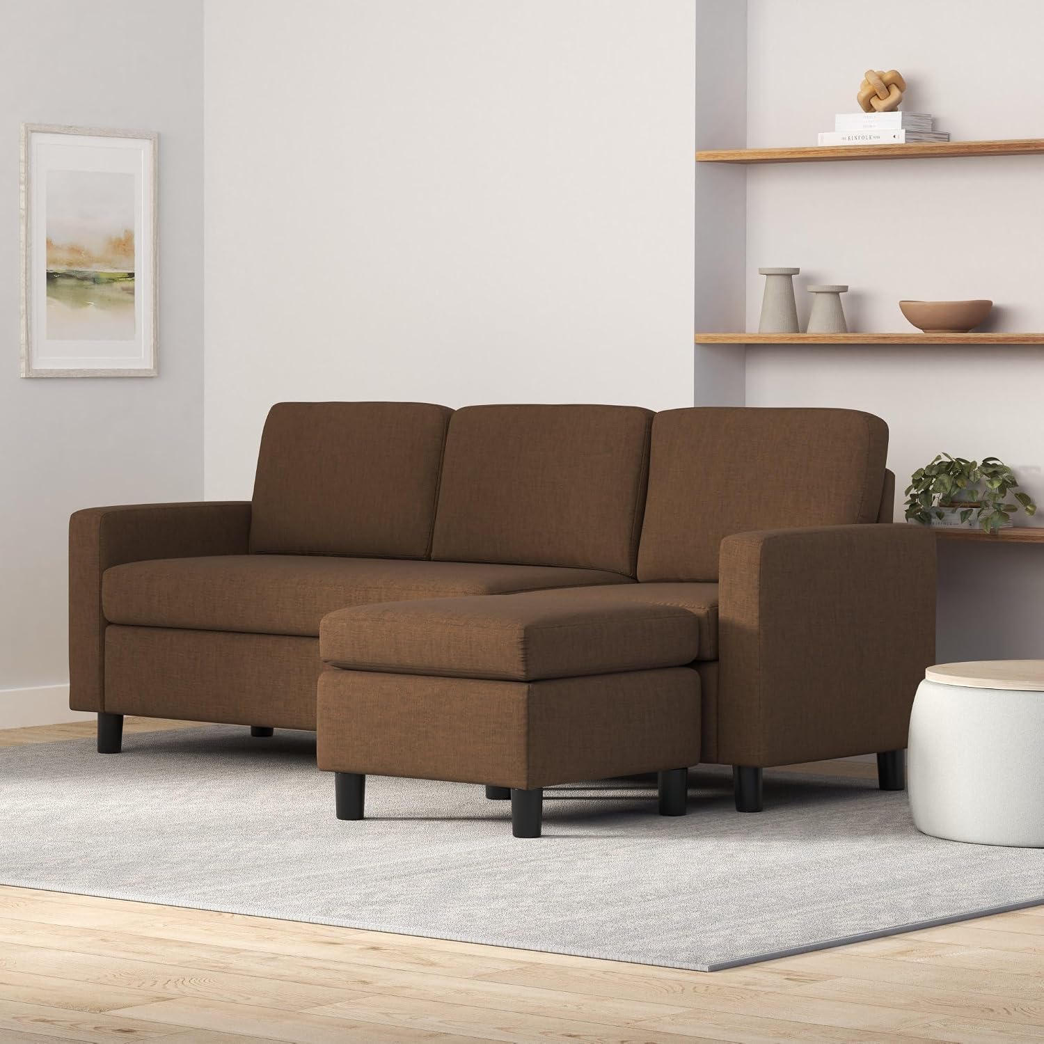 Best Choice Products Upholstered Sectional Sofa for Home, Apartment, Dorm, Bonus Room, Compact Spaces w/Chaise Lounge, 3-Seat, L-Shape Design, Reversible Ottoman Bench, 680lb Capacity - Brown