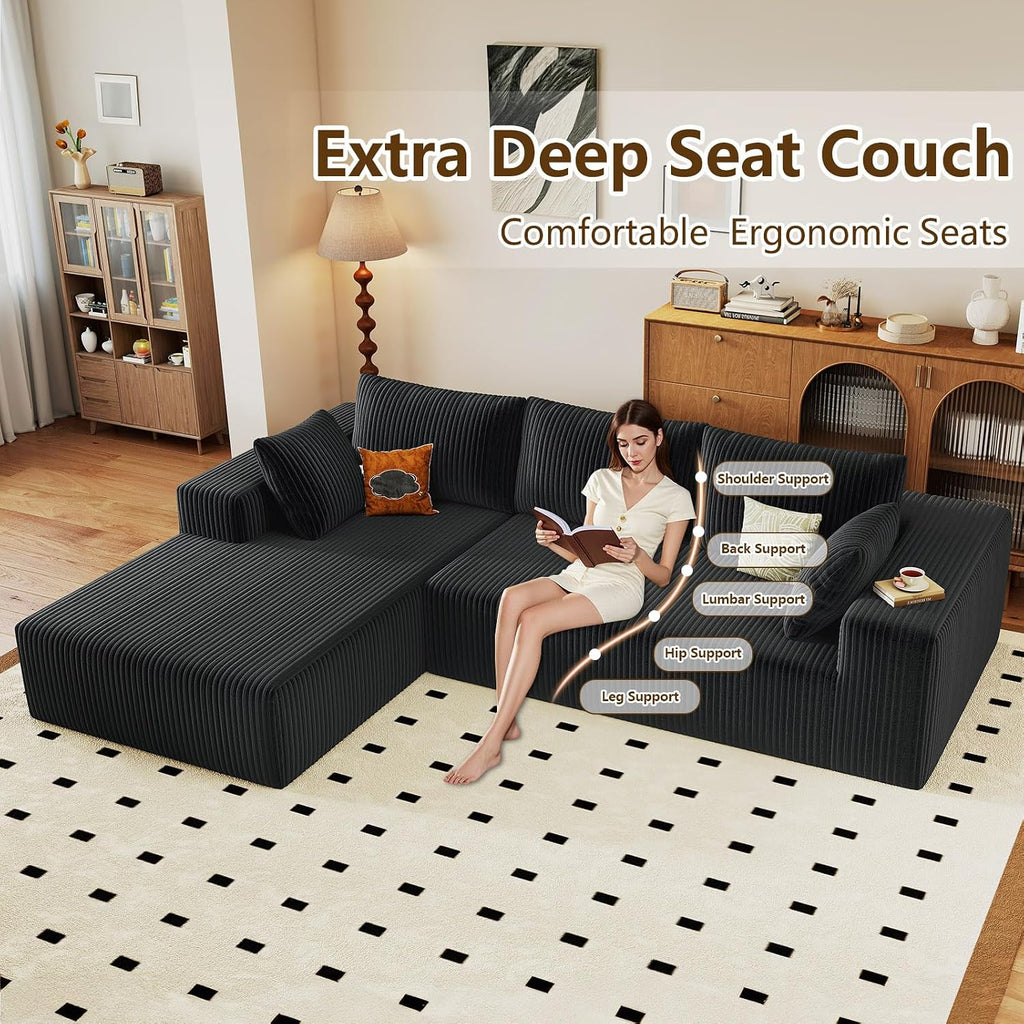 96' Modular Sectional Couch, Boneless L Shaped Cloud Sofa with Chaise Lounge, Corduroy Upholstered Couches Memory Foam Deep Seat, No Assembly Required, Ideal for Living Room(Black, Left Facing)