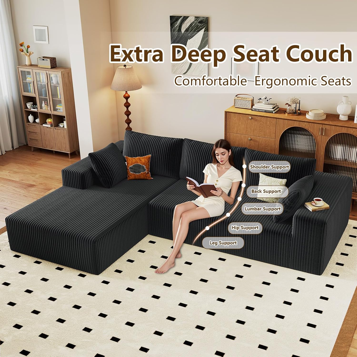 96' Modular Sectional Couch, Boneless L Shaped Cloud Sofa with Chaise Lounge, Corduroy Upholstered Couches Memory Foam Deep Seat, No Assembly Required, Ideal for Living Room(Black, Left Facing)