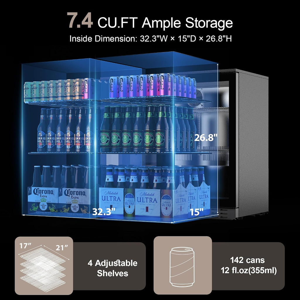 Coolake Back Bar Cooler Refrigerator with 2 Glass Doors, 7.4 cu.ft Commercial Under Counter Height Beverage Refrigerator with LED Lighting, Display Drink Fridge for Home Bar, Man Cave, Garage, Office