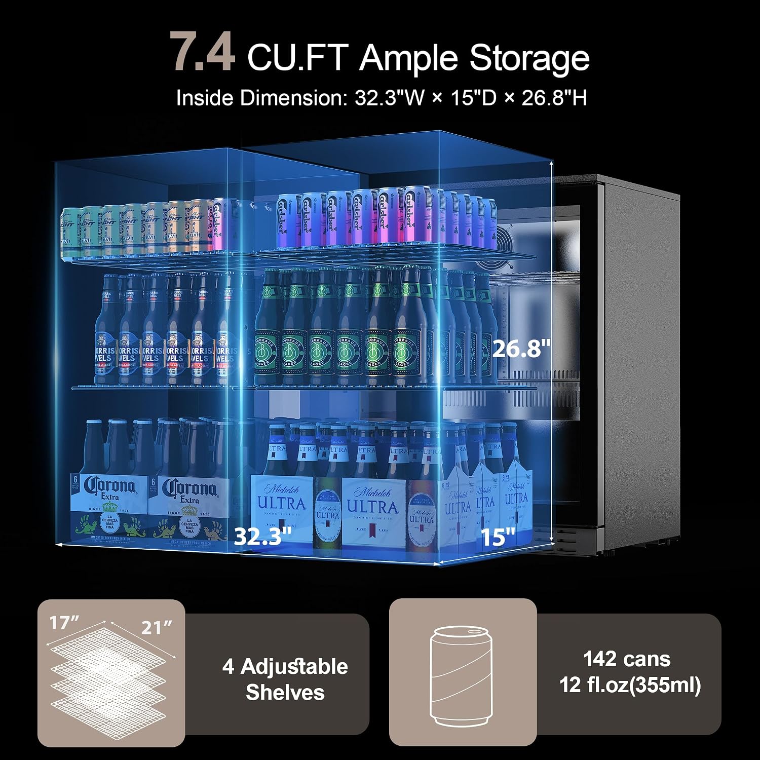 Coolake Back Bar Cooler Refrigerator with 2 Glass Doors, 7.4 cu.ft Commercial Under Counter Height Beverage Refrigerator with LED Lighting, Display Drink Fridge for Home Bar, Man Cave, Garage, Office