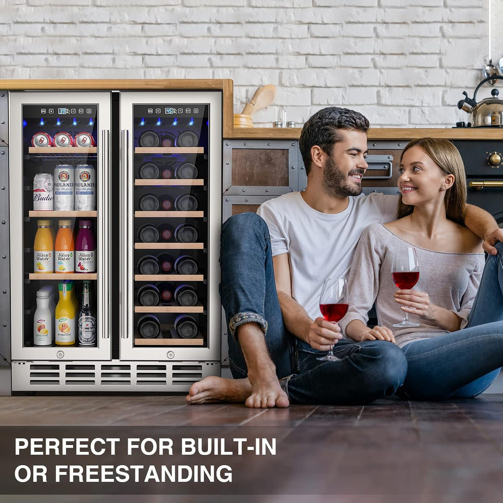 Mojgar Wine and Beverage Refrigerator, 24 Inch Dual Zone Wine Fridge with Two Safety Locks, Under Counter Wine Cooler Fridge Built-In or Freestanding, Holds 20 Bottles and 57 Cans (Double Glass Door)