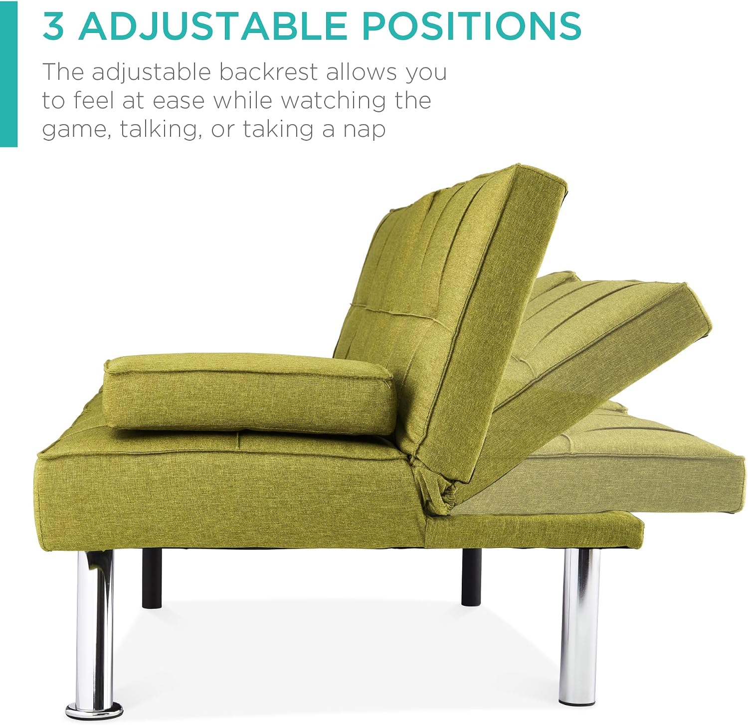 Best Choice Products Linen Modern Folding Futon, Reclining Sofa Bed for Apartment, Dorm w/Removable Armrests, 2 Cupholders - Chartreuse