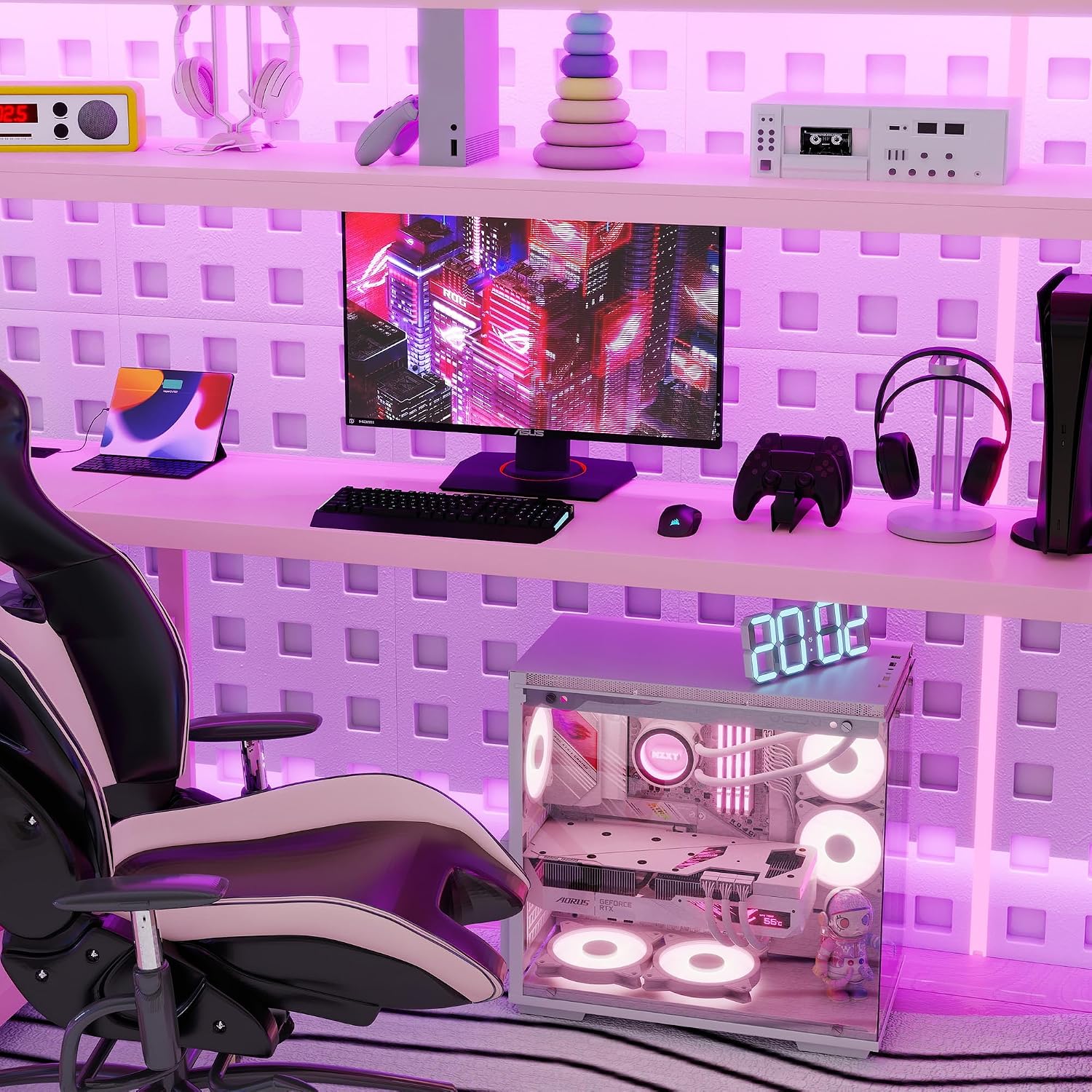 Full size Loft Bed with LED Light and Stairs, Metal Loft Bed Frame with Desk, Storage Drawers & Shelves, Hanging Rod, Gaming Lofts Beds with Charging Station for Adults Teens Kids Gamer, Pink