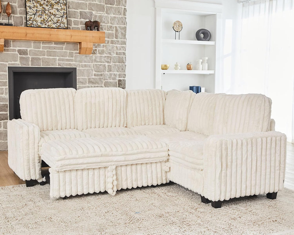 Belffin Plush Corduroy Modular Sectional Sofa with Pull Out Bed Convertible Small Sectional Corner Couch for Living Room Beige Couch