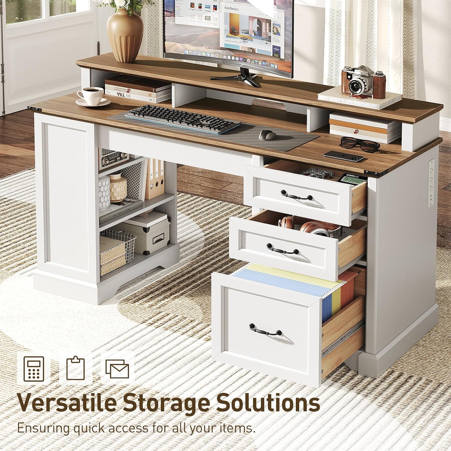 RALGEND 55'' Farmhouse Executive Desk with Drawers, Computer Desk with File Cabinet and Side Bookshelf, Writing Gaming Desk with Monitor Stand & Charging Station, White and Walnut