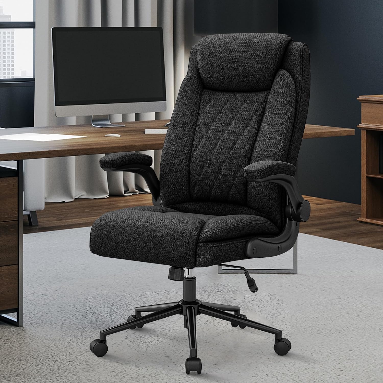 ralex-chair Big and Tall Office Chair -500 lb Office Chair for Big Man, Fabric High Back Office Desk Chair with 120° Tilt Rock,Computer Desk Chair with flip up arm - Black