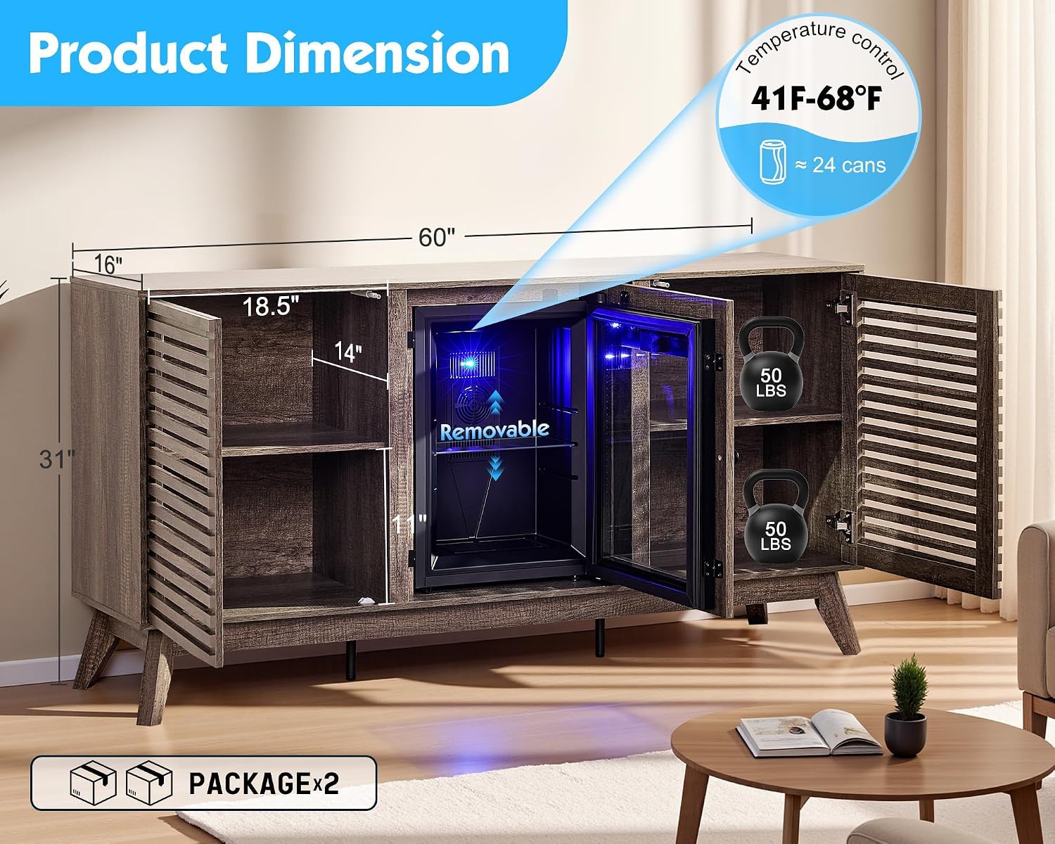 LUXOAK 60' Farmhouse Wine Bar Cabinet with Beverage Fridge (Included), Coffee Bar Cabinet with Drawer Storage, Sideboard Cabinet, Mini Fridge Cabinet for Dining Room, Living Room - Grey