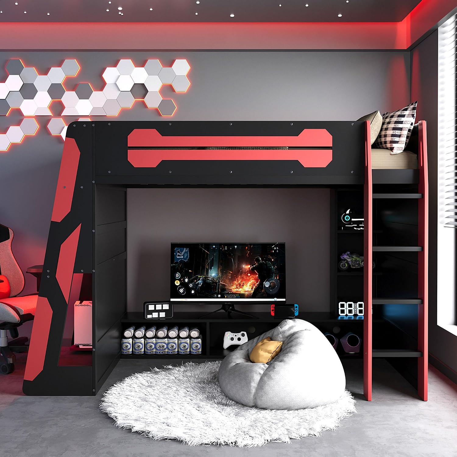 Merax Wood Loft Bed with Desk, Multi-Storage Shelves and RGB Light, Twin Size, Red