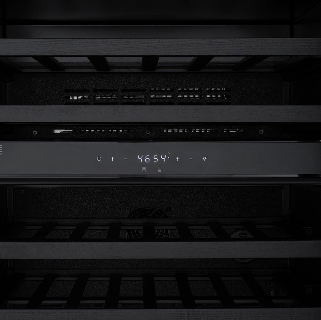 KoolMore Reserve 24 in. Under-Counter Panel Ready Dual Zone Built-in Wine Cooler with Black Shelves and 45 Bottle Capacity in Black (KM-CW46DZ-BPR)