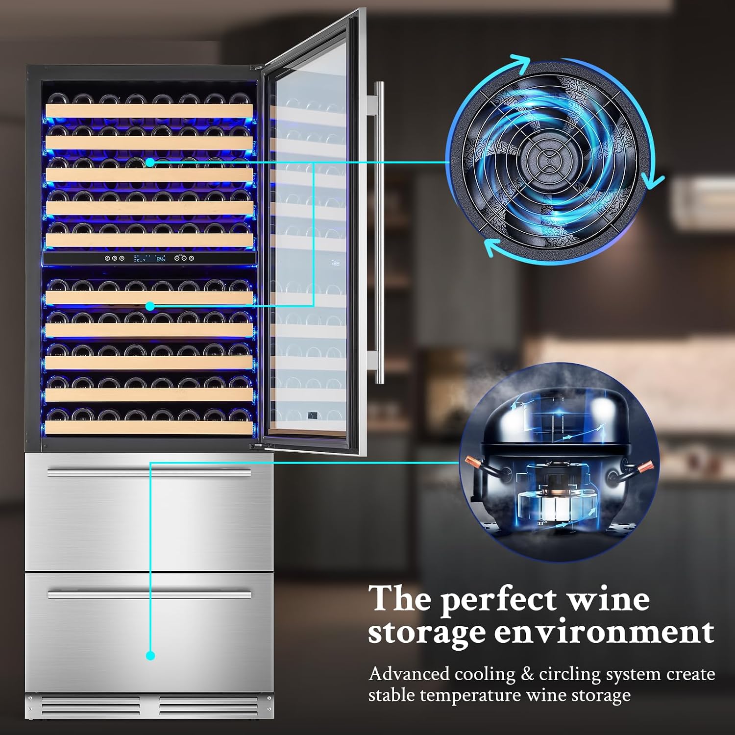 BODEGACOOLER Wine and Beverage Refrigerator, 30 Inch 2 IN 1 Dual Zone Wine Cooler,Built-in or Freestanding Beverage Cooler, Soft LED Light Hold 150 Bottles and 234 Cans