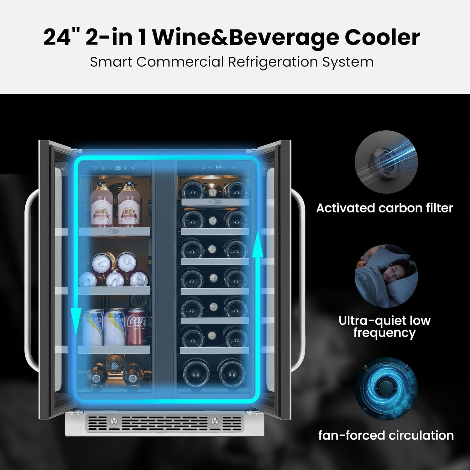 Whynter 24 Inch Dual Zone Wine and Beverage Refrigerator 20 Bottles 60 Cans Wine Fridge with Glass Door Wine Cooler Built-in Under Counter French Door 3 LED for Home Bar Luxury Series(4.1 cu.ft)