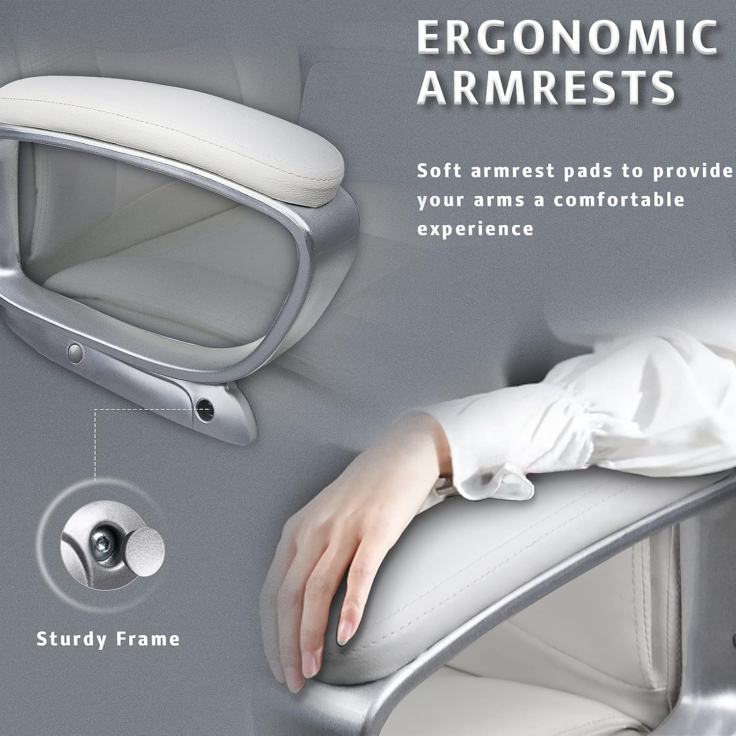 LEMBERI Office Desk Chair, Managerial Executive Chair, High Back Computer Chair, Ergonomic Height Adjustable PU Leather Chairs with Padded Armrest for Long Time Sitting (White)