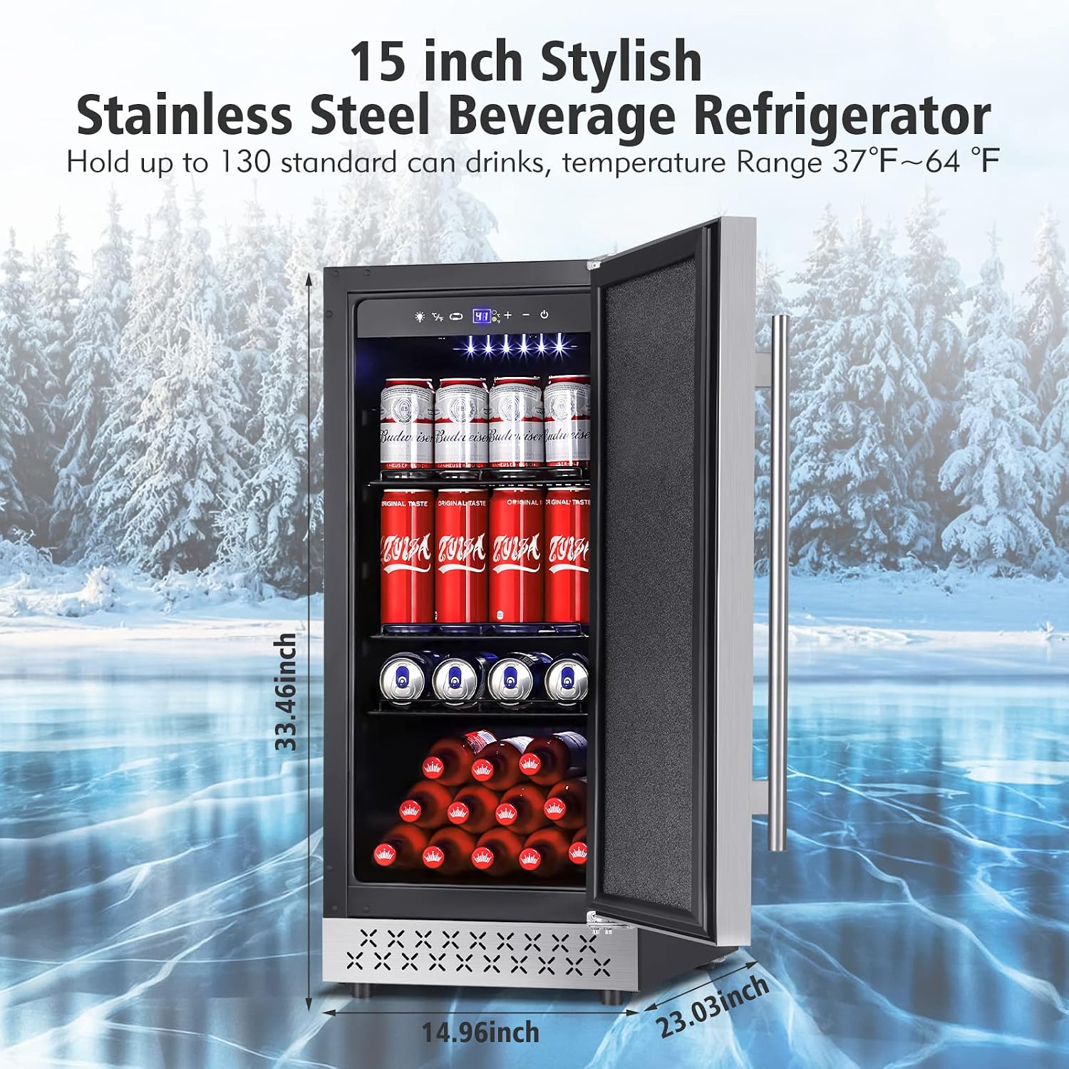 Tylza 15'' Outdoor Beverage Refrigerator, 130 Cans Beverage Fridge, Undercounter or Freestanding, Frost-Free, Removable Metal Shelves, Stainless Steel French Door, Beverage Cooler for Beer, Wine, Soda