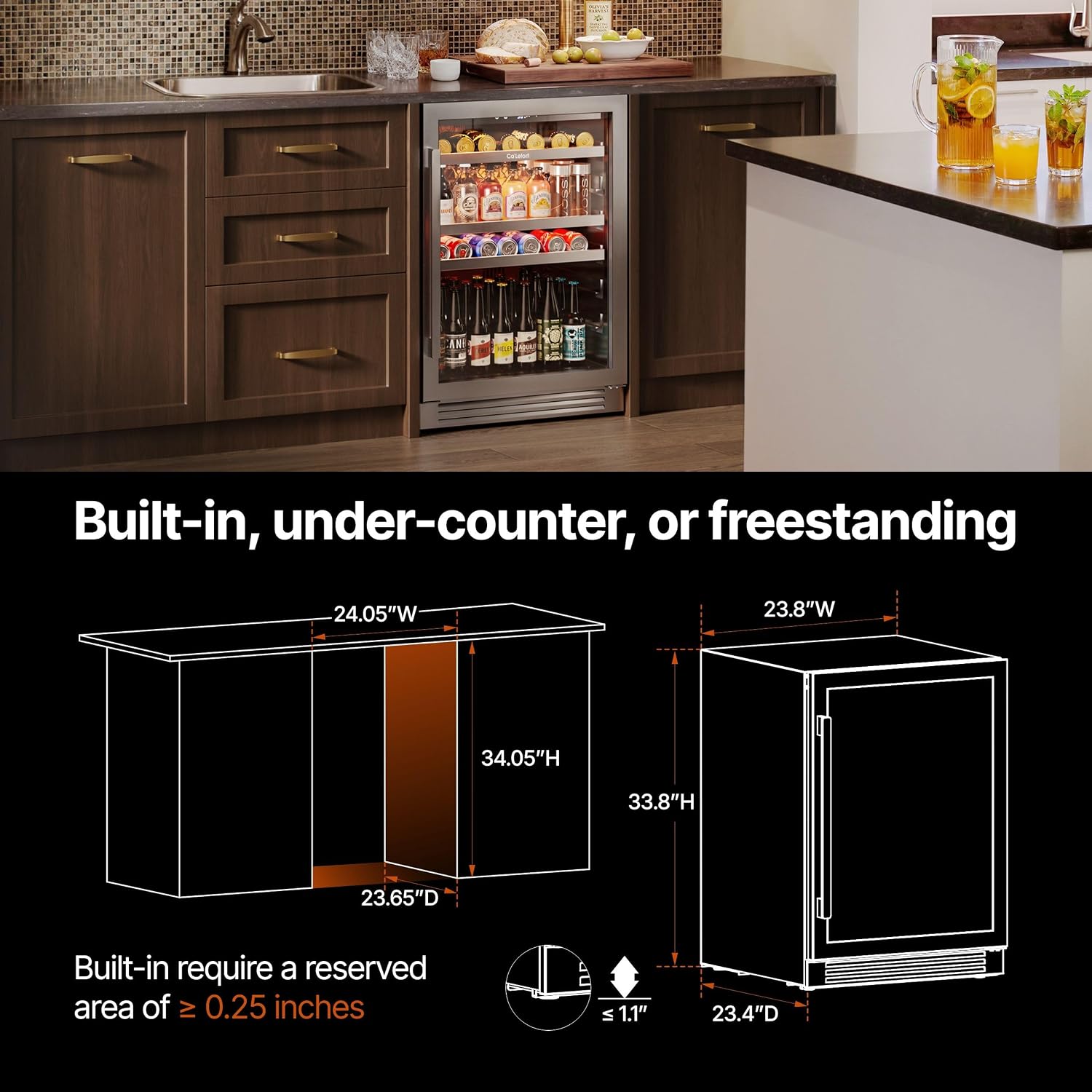 Ca'Lefort Beverage Refrigerator Cooler - 24 Inch Beverage Fridge Under Counter 180 Can with Glass Door, Freestanding or Built-in with 3 Color LED, Drink Cooler for Beer Soda or Wine (Right-Hinged)
