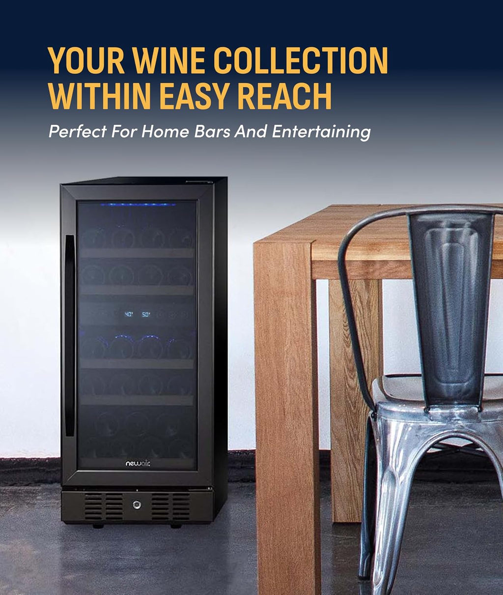 NewAir 15' Dual Zone Wine Fridge for 29 Bottles | Built-In or Freestanding Wine Cooler Refrigerator with Glass Door | Precision Cooling & Wood Shelves for Red and White Wines | Black Stainless Steel