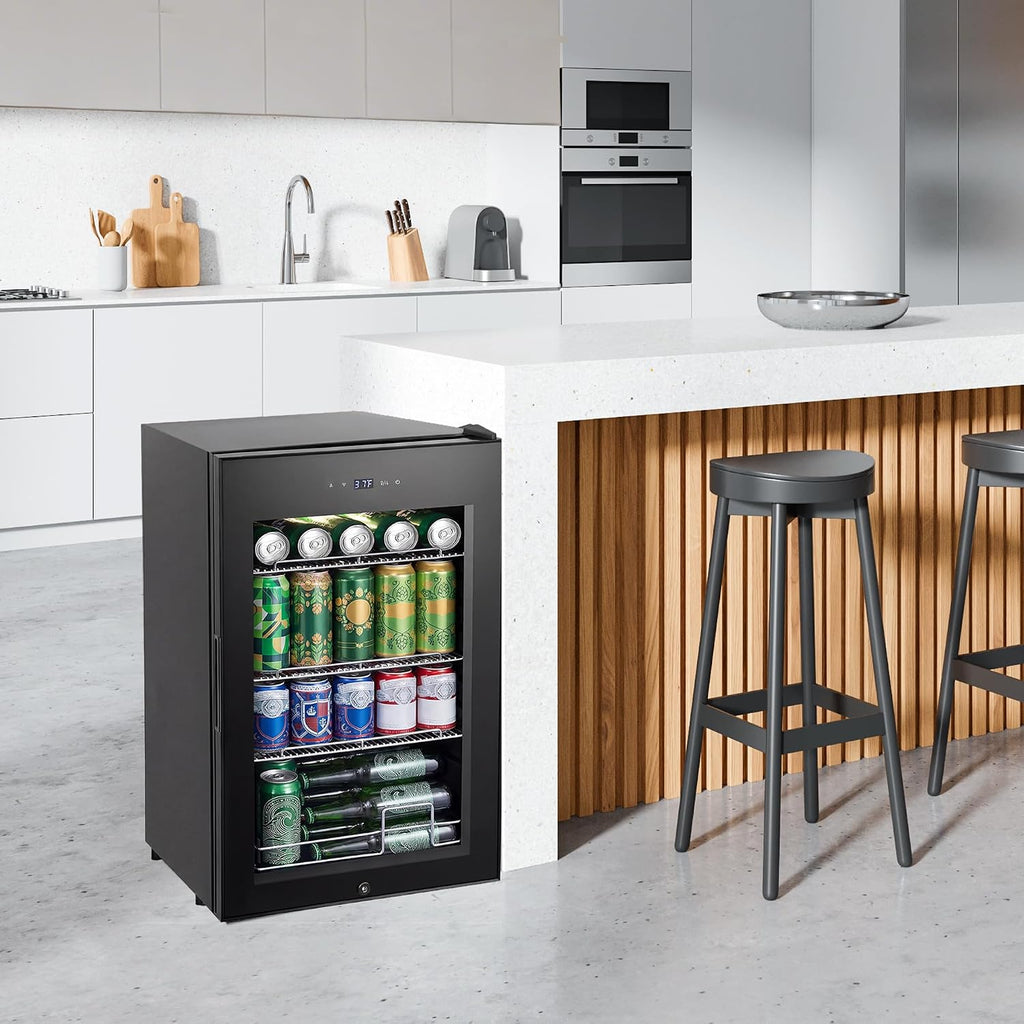 Beverage Refrigerator Cooler, 17 Inch 120 Cans Freestanding Mini Fridge with Glass Door, Adjustable Shelves and LED Light, Small Drink Fridge Counter-top Beer Fridge for Bedroom Office Bar