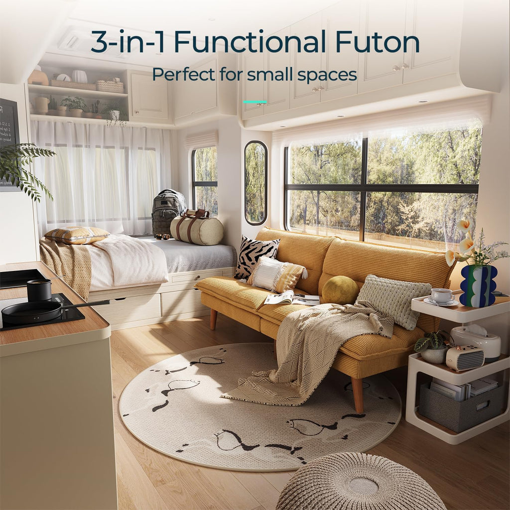 LINSY HOME Futon Sofa Bed - Convertible Corduroy Futon Couch Bed with Adjustable Backrest, Modern Small Loveseat Sleeper Sofa for Small Spaces, Living Room, Apartment or Office (Yellow)