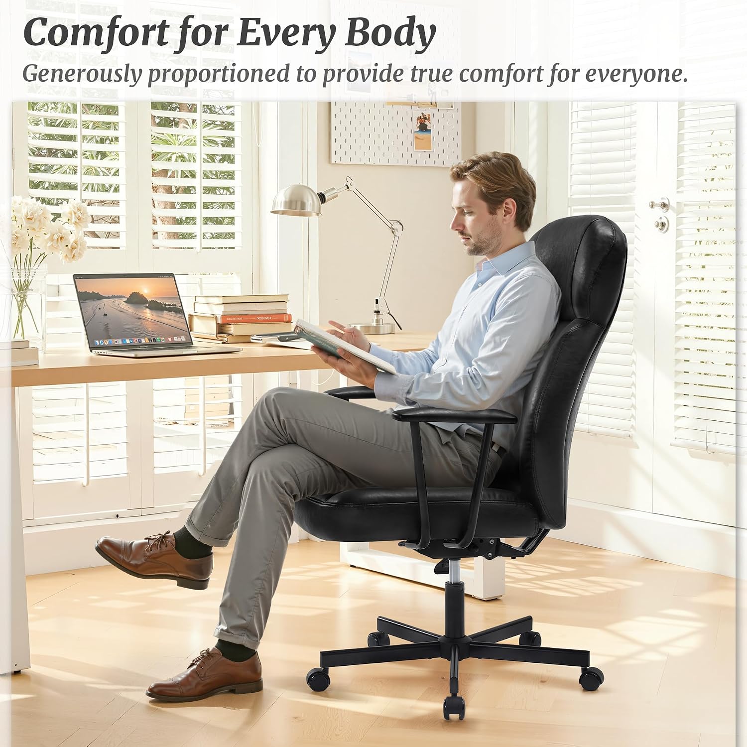 Cozyman Ergonomic PU Leather Home Office Chair, High Back Executive Desk Chair with 5-Layer Cushion, 95-135° Reclining Back, Lumbar Support, Adjustable Height, 360° Swivel for Home Office Task, Black