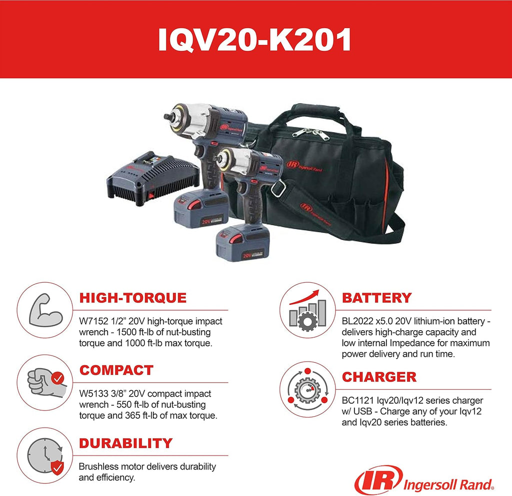 Ingersoll Rand IQV20-K201 Cordless Impact Wrench Combo Kit w/ W7152 1/2' High Torque Impact Wrench, W5133 3/8' Compact Impact Wrench, 2 Batteries, Universal Charger and Tool Bag