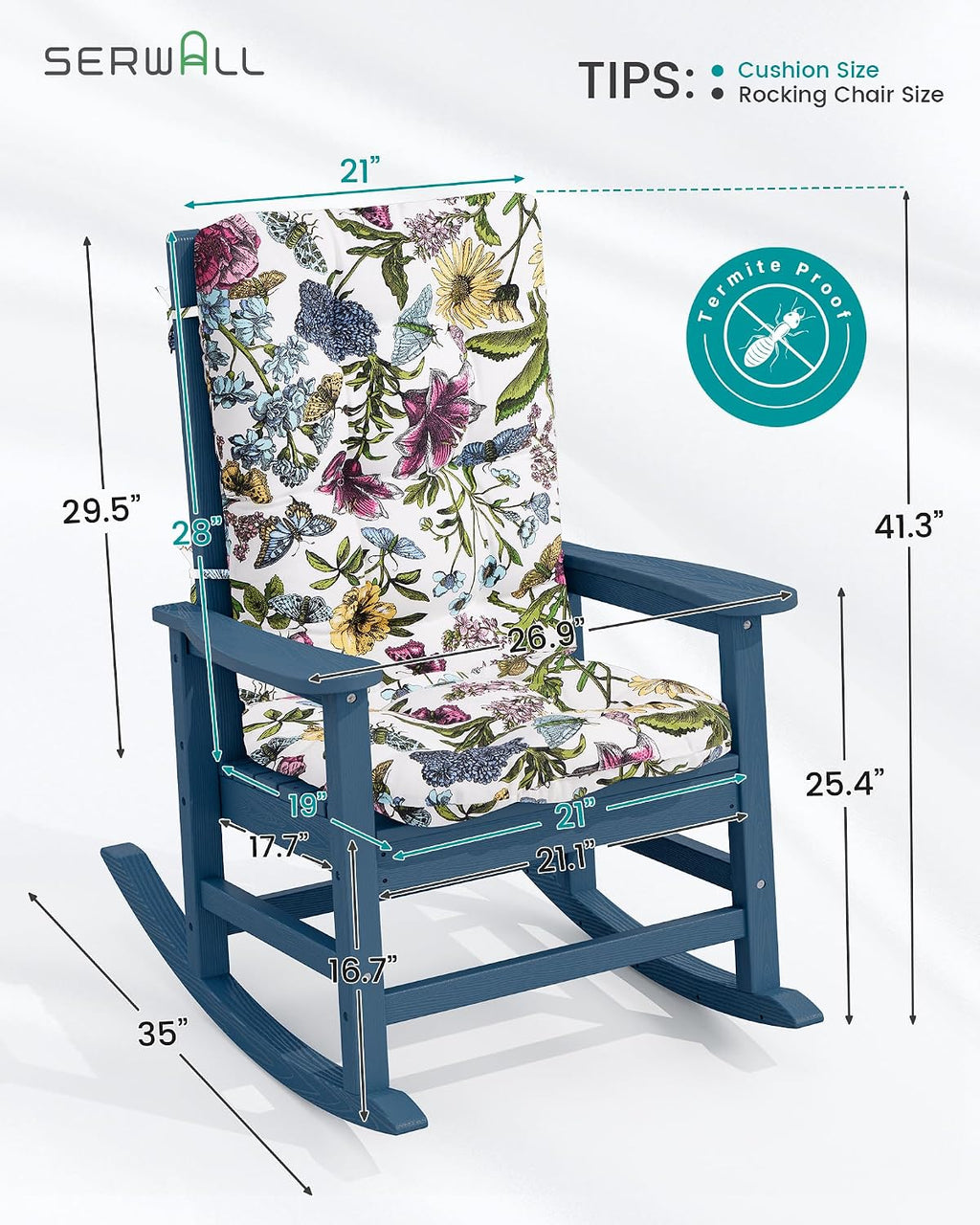 SERWALL SEWALL Oversized Outdoor Rocking Chair with Cushion, Patio Rocking Chairs for Porch, Blue HDPR Rocker+Flower Cushion