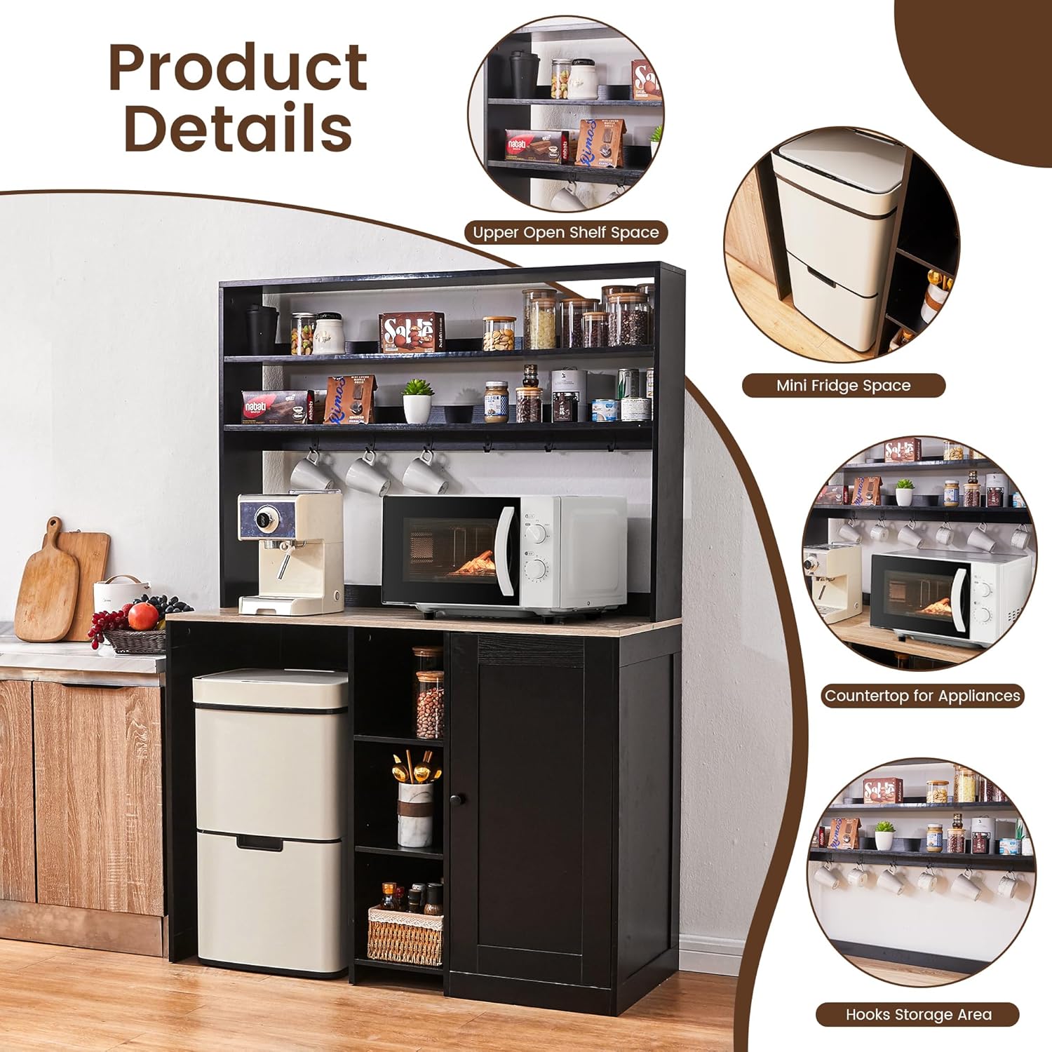 Mini Fridge Cabinet with Storage, Coffee Bar Cabinet with Mini Fridge Space and Power Outlet, Liquor Wine Bar Cabinet with Microwave Shelf, Beverage Station for Kitchen, Dorm, Living Room